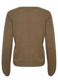 Pull en tricot marron avec un col rond, des manches longues et une texture lisse, doté de bords côtelés aux poignets et à l'ourlet. Le dos présente un détail de couture central.