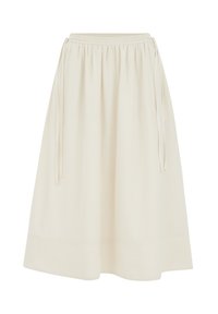 Gonna midi beige chiaro realizzata in tessuto morbido, caratterizzata da una vita elastica, nastri con lace e una silhouette dritta con un orlo sottile.
