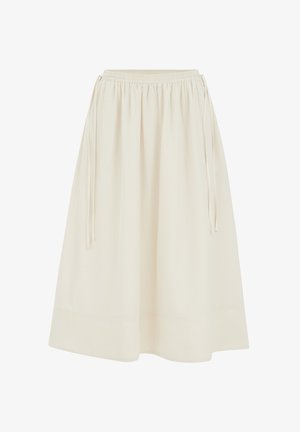 Helle beige Midi-Rock aus glattem Stoff, ausgestattet mit einem elastischen Bund, Zugbändern und einer geraden Silhouette mit einem dezenten Saum.