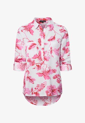 Witte langmouwige shirt met roze bloemenpatronen, met een knoopsluiting aan de voorkant, twee borstzakken en een ronde zoom.
