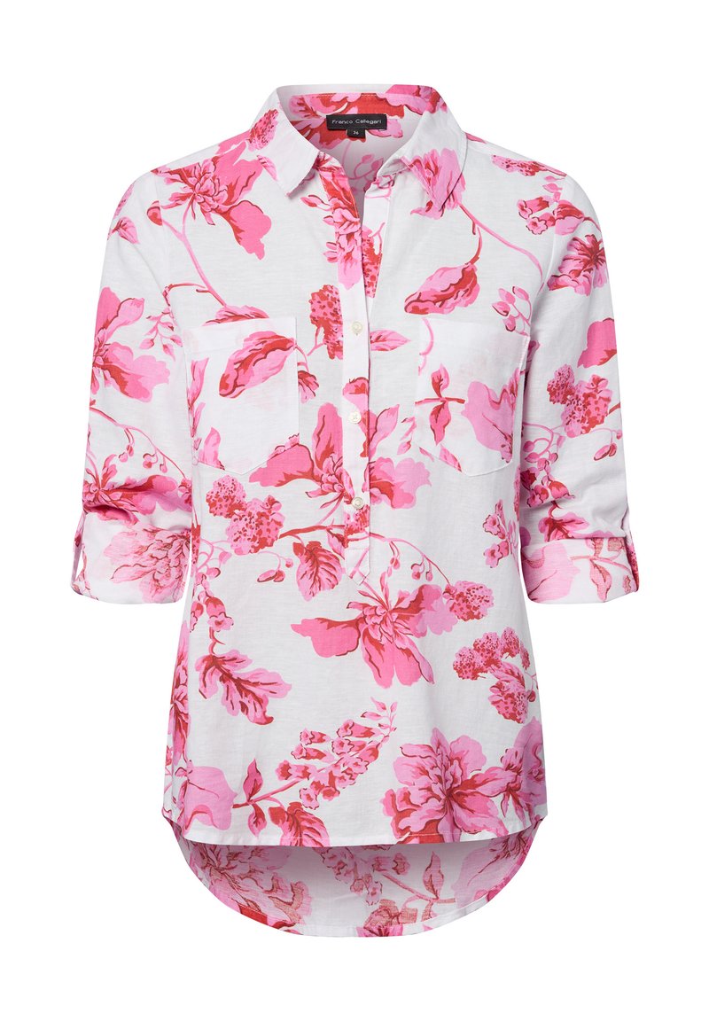 Weißes Langarmhemd mit rosa Blumendruck, mit einer durchgehenden Knopfleiste, zwei Brusttaschen und einem abgerundeten Saum.