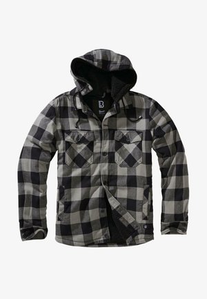 Černá a šedá károvaná bunda s kapucí, která má dvě náprsní kapsy a měkkou, texturovanou podšívku. Přední zapínání na knoflíky a nastavitelné šňůrky.