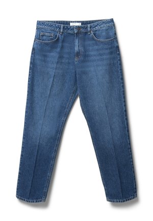 Blaue Jeans aus Denim mit geradem Bein, ausgestattet mit vorderen Taschen, einem Reißverschluss und einer strukturierten Oberfläche. Keine sichtbaren Verzierungen oder Muster.