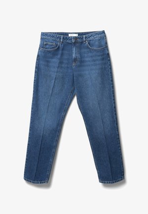 Blaue Jeans aus Denim mit geradem Bein, ausgestattet mit vorderen Taschen, einem Reißverschluss und einer strukturierten Oberfläche. Keine sichtbaren Verzierungen oder Muster.