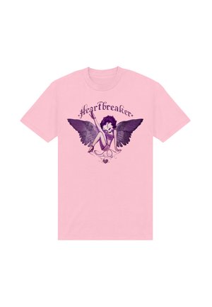 Roze katoenen T-shirt met een paarse afbeelding van een gevleugeld figuur, met de tekst "Heartbreaker" erboven en decoratieve accenten eronder.