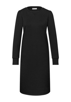 Black long-sleeve knee-length dress with ribbed round neckline and cuffs, featuring a subtle V-shaped seam detail at the front.