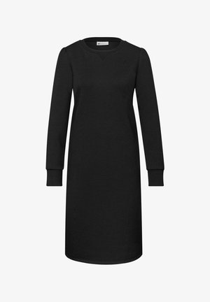 Vestito nero a maniche lunghe, lunghezza al ginocchio, con scollo rotondo a costine e polsini, caratterizzato da un sottile dettaglio a cucitura a forma di V sul davanti.