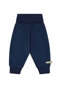 Pantaloni della tuta blu navy realizzati in tessuto morbido, con un'ampia fascia in vita, polsini alle caviglie e una piccola etichetta colorata del marchio sul lato.