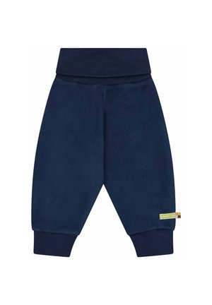 Pantaloni della tuta blu navy realizzati in tessuto morbido, con un'ampia fascia in vita, polsini alle caviglie e una piccola etichetta colorata del marchio sul lato.
