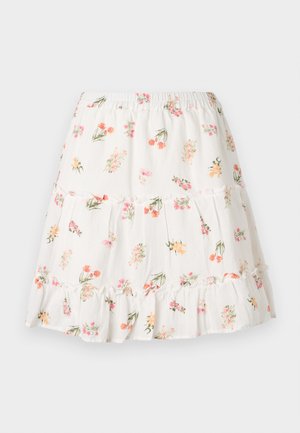 Biała spódnica wielowarstwowa z falbaniastym dołem, zdobiona wzorem kwiatowym w kolorach różowym, pomarańczowym i zielonym. Wykonana z lekkiego, teksturowanego materiału.