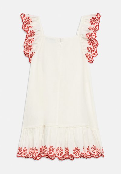 Λευκό φόρεμα με κεντητά κόκκινα λουλουδένια σχέδια κατά μήκος των βολάν στα μανίκια και το τελείωμα, με φερμουάρ στην πλάτη και μαλακή υφή.