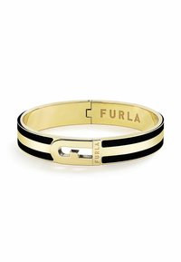 Aukso spalvos metalinė apyrankė su juodais emalio dryžiais, turinti užsegimą ir išgraviruotą "Furla" logotipą. Lygus paviršius, apvalios formos.