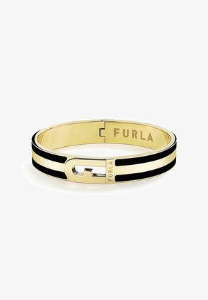 Guld-tone metal armbånd med sorte emaljestriber, præsenterer en lås og indgraveret "Furla" logo. Glat overflade, rund form.