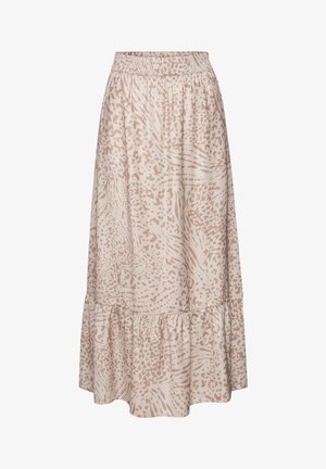 Maxi falda de color beige claro, confeccionada en una tela suave, que cuenta con una cinturilla elástica fruncida, un dobladillo con volantes y un sutil estampado de animal.