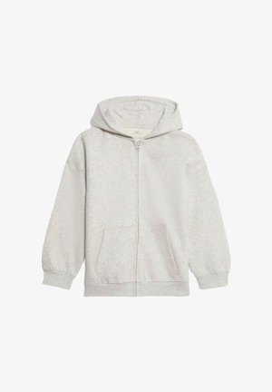 Světle šedá zapínací mikina vyrobená z měkké, texturované látky. Obsahuje podšitou kapuci, přední kapsy a elastické manžety.