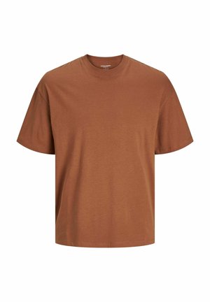 T-shirt in cotone marrone con scollatura a girocollo classica e maniche corte. Presenta un taglio dritto e un sottile dettaglio di cucitura.