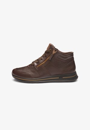Brown leather ankle sneaker with side zipper, laces, padded collar, and black sole displaying gold trim detail.