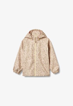 Lette jakke med blomstermønster i blødt pink og beige, med hætte, elastiske manchetter og en frontlynlås med beige kant.