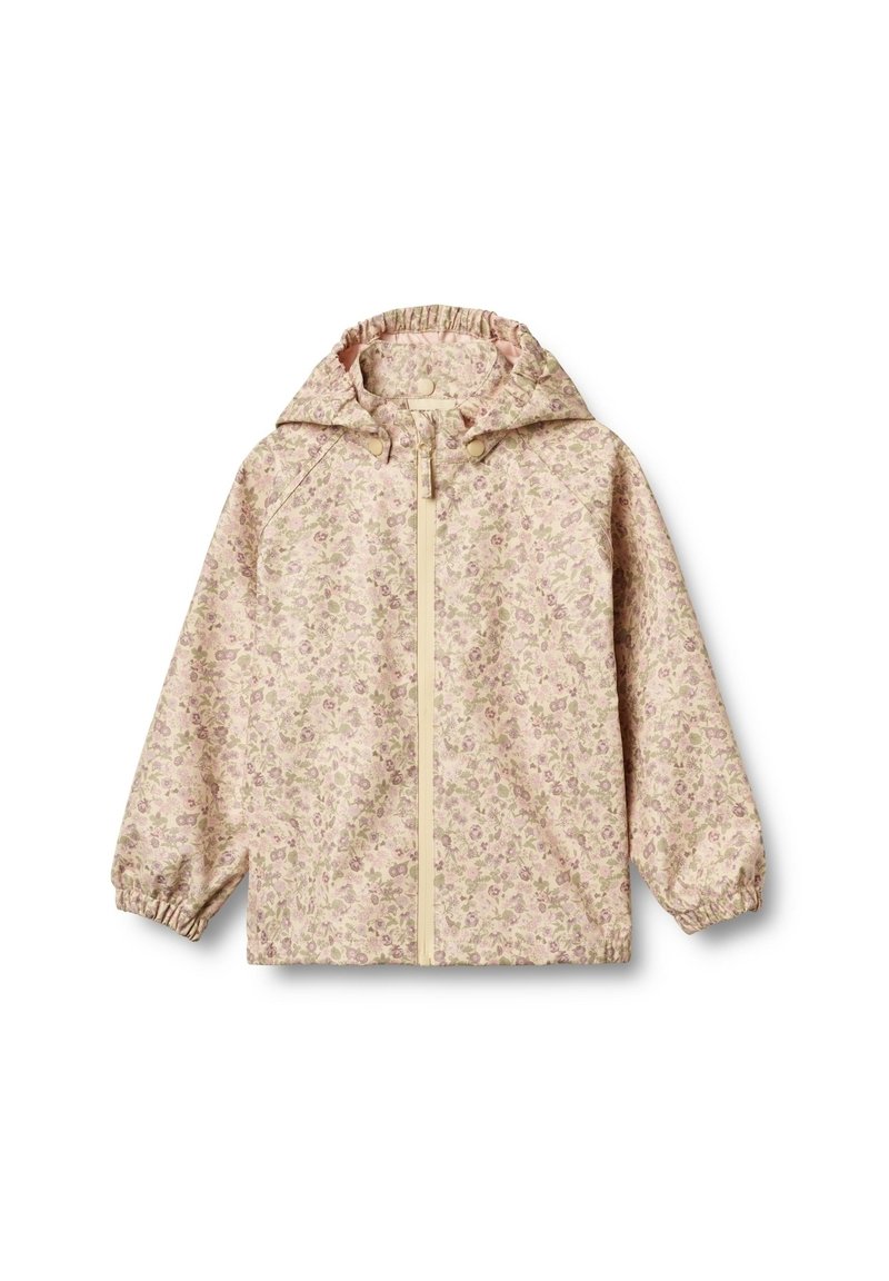 Blommönstrad lättviktsjacka i mjuk rosa och beige, med huva, elastiska ärmslut och en framdragkedja med beige kant.