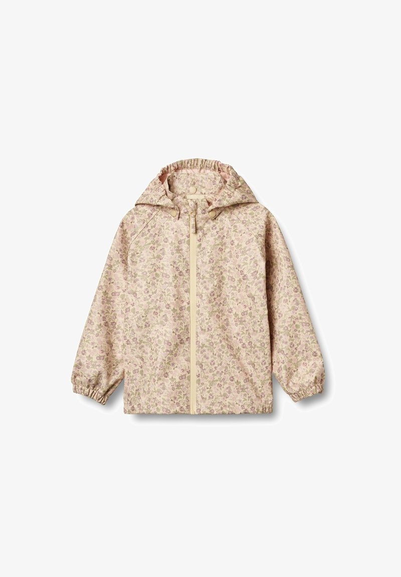 Floral-patterned lightweight jacket in soft pink and beige, featuring a hood, elastic cuffs, and a front zipper with beige trim.