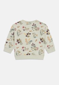 Hellbeige Langarmpullover für Kleinkinder mit mehrfarbigem Blumen- und Pflanzenmuster, gerippten Bündchen und Saum.