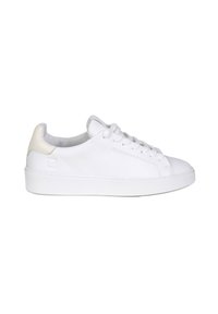 Sneaker in pelle bianca con finitura liscia, punta rotonda e design con lacci. Presentano un accento crema sul tallone e una suola in gomma testurizzata.