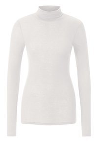 Weißes Langarm-Turtleneck-Oberteil aus leichtem, leicht strukturiertem Stoff. Verfügt über ein enganliegendes Design mit nahtlosen Schultern und einem hohen Kragen.