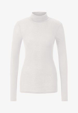 Valkoinen pitkähihainen poolopaita, joka on valmistettu kevyestä, hieman pintakuvioidusta kankaasta. Ominaisuuksiin kuuluu istuva muotoilu, saumattomat olkapäät ja korkea kaulus.