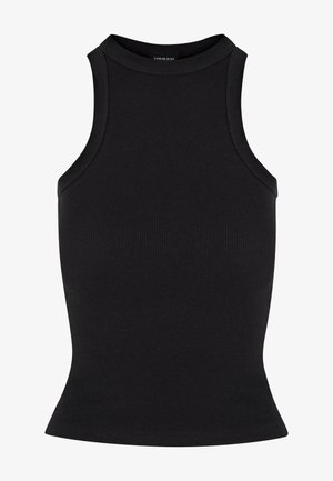 Black ribbed tank top with a high neckline and fitted silhouette. Smooth texture with no visible embellishments or patterns.