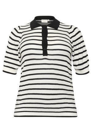 Polo rayé en blanc et noir, à manches courtes, col noir uni, ouverture à boutons, texture côtelée, avec des rayures horizontales.