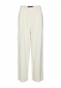 Licht beige wijde broek met verticale blauwe strepen, gemaakt van een zachte stof, met een hoge taille en geplooide voorkant.