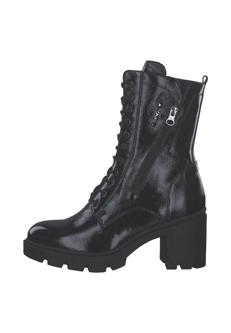 Bottines en cuir verni noir avec un talon épais, un devant lacé, une fermeture éclair sur le côté et une surface texturée. Semelle à profil bas avec un motif cranté.