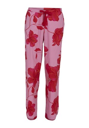 Pink drawstring pants with large red floral print and side pockets, featuring relaxed straight legs.