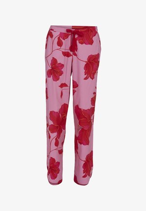 Różowe spodnie z troczkiem, z dużym czerwonym kwiatowym nadrukiem i bocznymi kieszeniami, o luźnych, prostych nogawkach.