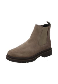 Brązowe zamszowe botki Chelsea z elastycznymi panelami bocznymi i pętlą do zakupu. Posiadają gumową podeszwę i zaokrąglony czubek. Gładka tekstura, minimalne przeszycia.