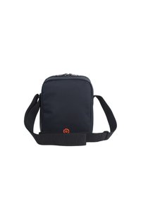 Borsa a spalla in tessuto nero con forma rettangolare, dotata di chiusura con zip, tracolla regolabile e un logo arancione sulla parte anteriore.