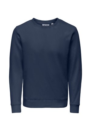 Marineblaues Sweatshirt mit Rundhalsausschnitt, langen Ärmeln, gerippten Bündchen und geripptem Saum, auf weißem Hintergrund dargestellt.