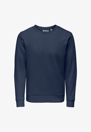Marineblaues Sweatshirt mit Rundhalsausschnitt, langen Ärmeln, gerippten Bündchen und geripptem Saum, auf weißem Hintergrund dargestellt.