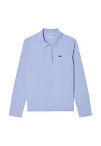 Polo a maniche lunghe blu chiaro in cotone. Presenta un colletto e una patta con tre bottoni. Logo del coccodrillo verde ricamato sul petto.