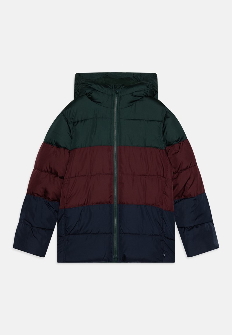 Πάρκα μπουφάν με κουκούλα, φερμουάρ και σχέδιο σε διαφορετικά χρώματα σε σκούρο πράσινο, μπορντό και ναυτικό μπλε. Υφή από μονωμένο υλικό.
