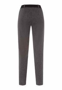 Donkergrijze op maat gemaakte broek van een gestructureerde stof. Voorzien van een zwarte elastische tailleband, rechte pijpen en zonder zichtbare zakken.