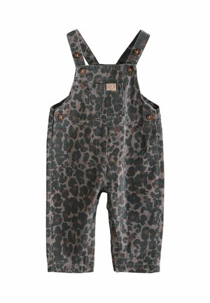 Toddler-sized, leopard-print overalls with adjustable button straps and a front chest pocket featuring a small patch.