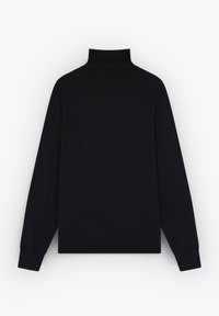 Marinefarbener Rollkragenpullover mit langen Ärmeln, geripptem Kragen und Bündchen. Glatte Textur mit taillierter Passform, ohne Muster oder zusätzliche Details.