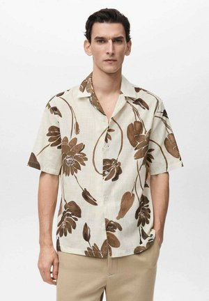 Short-sleeve shirt in light beige fabric with brown floral patterns. Features a relaxed fit, open collar, and front buttons.