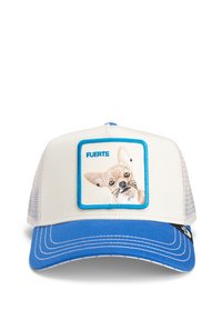 Gorra con visera azul y cuerpo crema, adornada con un parche cuadrado que muestra una ilustración detallada de un perro y la palabra "FUERTE."