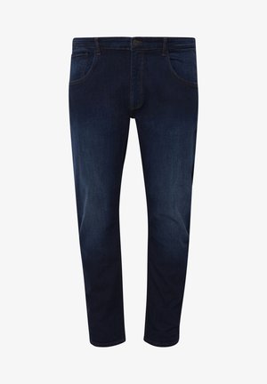 Sötét kék farmernadrág egyenes lábbal, öt zsebbel, gombos záródással és diszkrét varrási részletekkel.