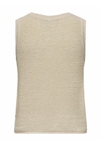 Gilet sans manches en tricot beige avec un col rond, vu de dos.