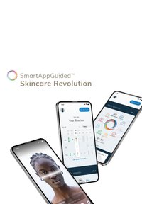 Drei Smartphones zeigen die Benutzeroberfläche einer Hautpflege-App mit einem hellen und dunklen Farbschema. Zu den Funktionen gehören ein Kalender, ein Benutzerprofil und Optionen zur Hautanalyse.