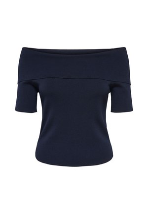 Marineblaues, schulterfreies Strickoberteil mit kurzen Ärmeln, weitem umgeschlagenem Ausschnitt und figurbetonter Silhouette.