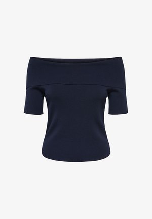 Top corto in maglia blu navy con scollo ampio a pieghe che lascia le spalle scoperte e silhouette aderente.